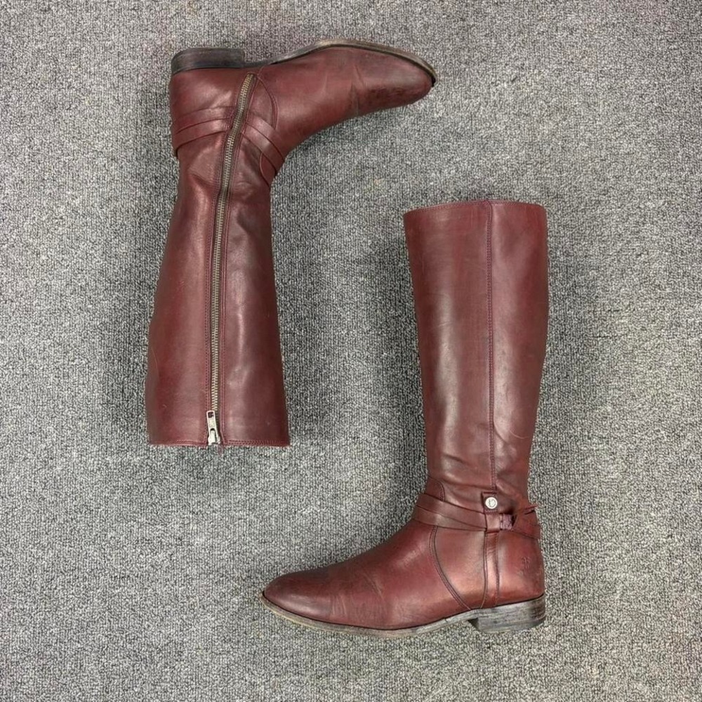 Vintage FRYE Melissa Belted Red Leather Tall Campus Boots Women's Size‎ 10 B